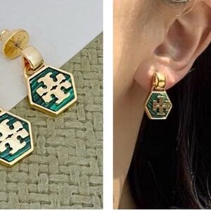 Tory Burch Gold and Green Hexagon Earrings
